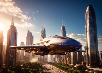 Fototapeta premium advanced spacecraft flies effortlessly over bustling cityscape, lined with towering futuristic skyscrapers. Ambient lighting and sunset create depiction of innovation and futuristic mobility.
