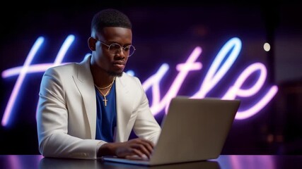 A young entrepreneur working on a sleek laptop in a modern co-working space, illuminated by a glowing neon sign reading HUSTLE, symbolizing ambition, startup culture, and late-night dedication