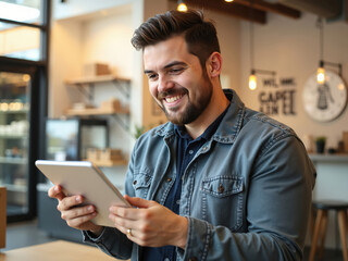 Smiling man using tablet while sitting in a cafe with modern decor  