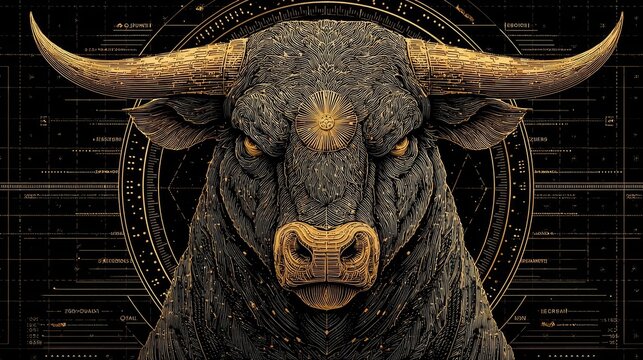 Digital bull, golden-edged, dark, mystical