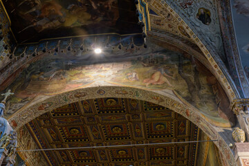 Frescoed triumphal arch with harvest scenes by Giovanni Fiammingo in San Pietro Basilica, Perugia,...
