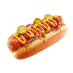 Delicious hot dog with mustard, relish, and onions