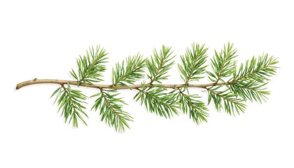 Melaleuca Alternifolia Tea Tree branch with green needle-like leaves and water droplets against white backdrop. Botanical illustration for skincare products, spa, health, wellness concepts.