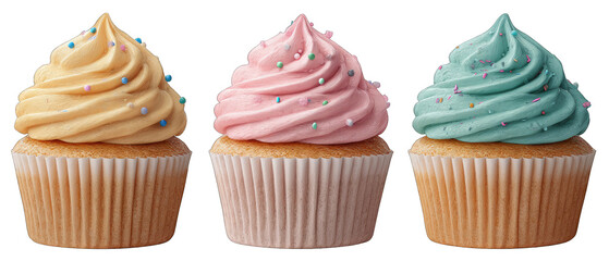 Three pastel-colored cupcakes with swirls of frosting and sprinkles