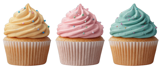 Three pastel-colored cupcakes with swirls of frosting and sprinkles