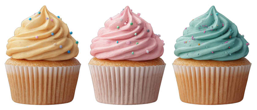 Three pastel-colored cupcakes with swirls of frosting and sprinkles