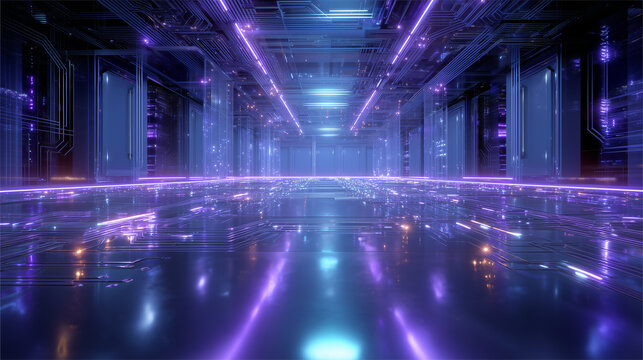 A glowing, futuristic server room illuminated with vibrant purple and blue neon lights. The sleek reflective floor and walls are embedded with intricate circuit patterns.