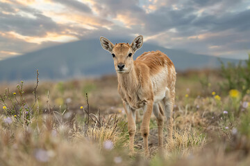 Fototapeta premium Young deer standing in a grassy field with mountains and clouds in the background