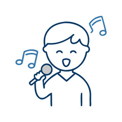 Happy boy singing with microphone and musical notes around,  for music schools, children's performances