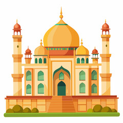 Stylized illustration of the Taj Mahal with golden domes and minarets on a white background India monument