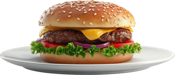 A classic cheeseburger on a white plate