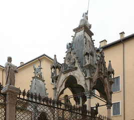 Gothic tomb of Mastino II della Scala, part of the Scaliger Tombs complex in Verona, Italy, richly...