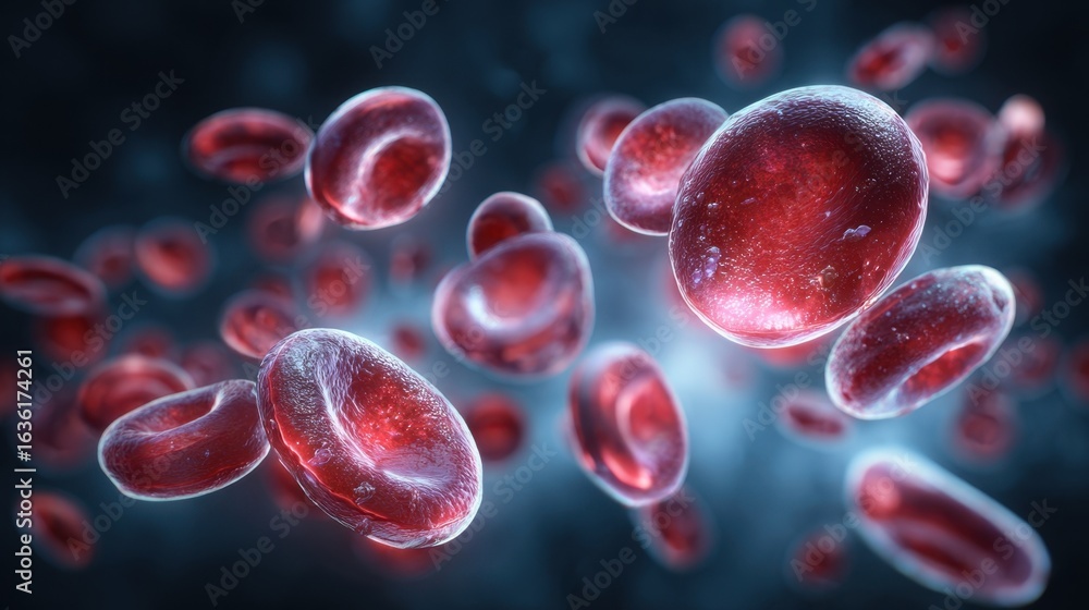 Poster digital infographic with pulsing platelet cells rapidly decreasing in bloodstream flow visualization