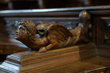 Grotesque wooden creature carved on a Renaissance choir stall by Benedetto da Montepulciano and...