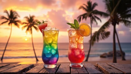 Colorful cocktails with ice, fruit garnishes on wooden table at beach during sunset. Palm trees, ocean waves create tropical paradise vibe. Refreshing drinks perfect for summer vacation, relaxation,