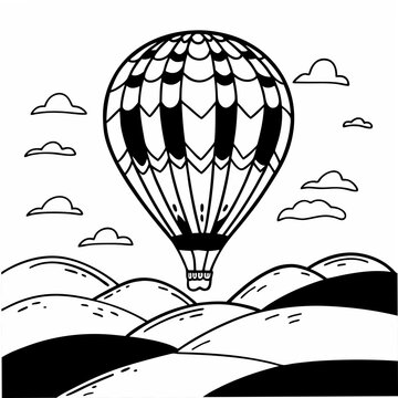 Black and white hot air balloon floating over rolling hills and clouds air travel transportation