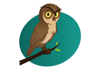 Cartoon of Wise Owl Perched on a Branch Looking Back with Kind Stare