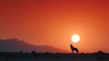 Coyote howls at the setting sun in the desert landscape