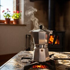 Cafetera italiana en el fuego