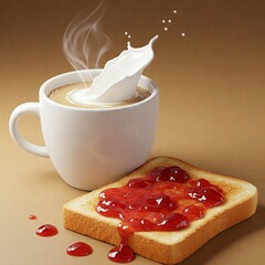 Café con leche y tostada con mermelada de fresa