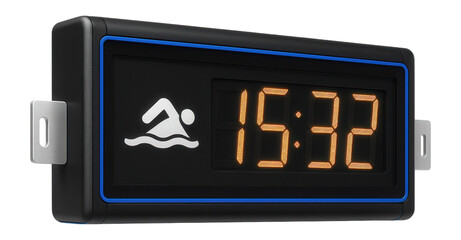 Large-format digital scoreboard with timer for swimming meets