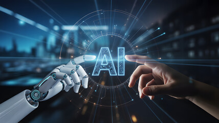Human and robot hands interacting with ai interface against a blurred cityscape background