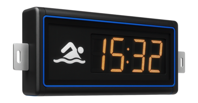 Large-format digital scoreboard with timer for swimming meets