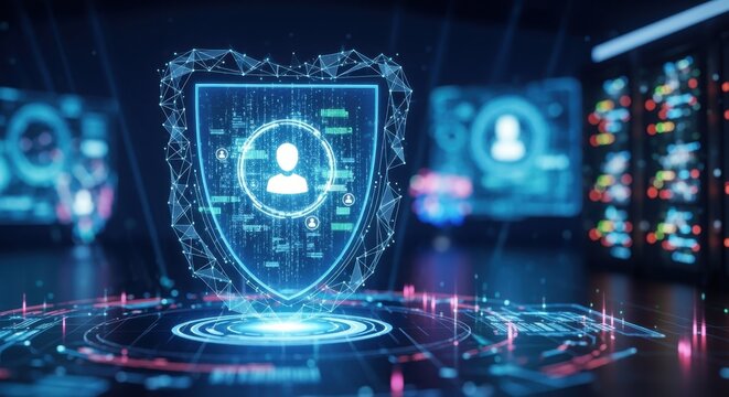 A futuristic digital privacy assistant concept visualized as a sleek AI interface protecting user data in a vibrant techinspired environment symbolizing secure online communication