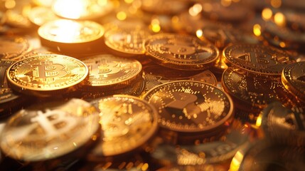 Golden cryptocurrency coins scattered across a reflective surface, glimmering under warm light, showcasing the digital currency's value and modern financial technology