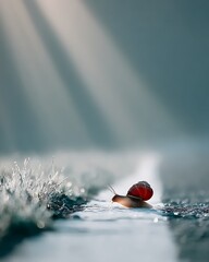 A Lone Snail Navigates a Wet Path Under Gentle Sunlight Rays