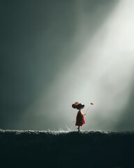 Tiny Figure in Red Dress Carries Large Umbrella Against Dramatic Light