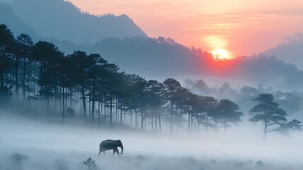 Majestic elephant roams through misty forest at sunrise