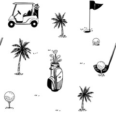 Golf sketch seamless pattern. Sports tools vector illustration. Hand drawn vintage style, isolated