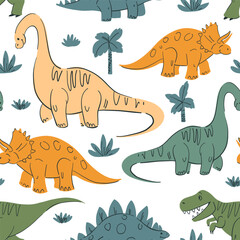 Dinosaurs seamless pattern , set illustrations,monochrome sketch, hand drawn vector