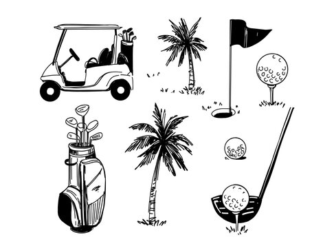Golf sketch set. Sports tools vector illustration. Hand drawn vintage style, isolated