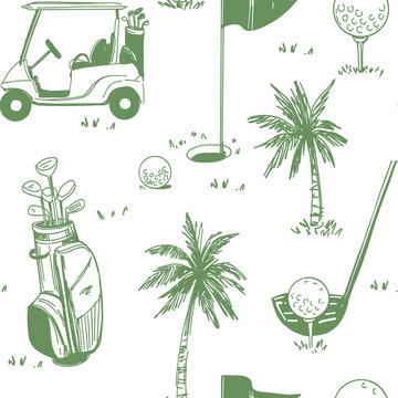 Golf sketch seamless pattern. Sports tools vector illustration. Hand drawn vintage style, isolated