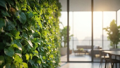 Indoor vertical garden in modern apartment living room. Rich green plants on living wall enhance energy efficiency. Large windows allow natural sunlight, creating bright atmosphere.