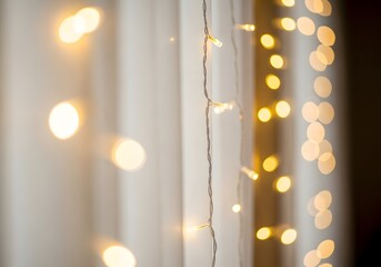 Warm glowing fairy lights draped softly on sheer curtains creating a cozy and magical ambiance for any celebration