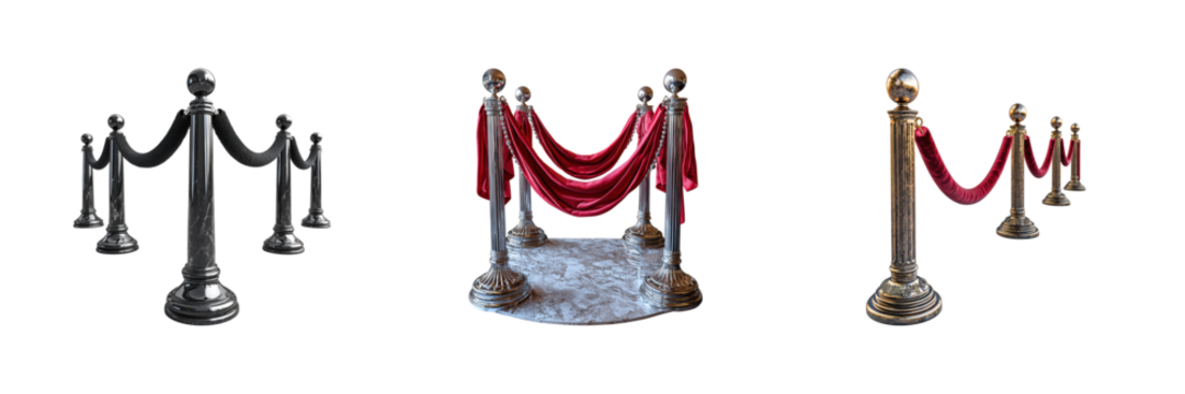 Elegant Stanchions With Red Velvet Ropes. Luxury Event Entrance And Vip Access Symbol Isolated On Transparent Background - Powered by Adobe