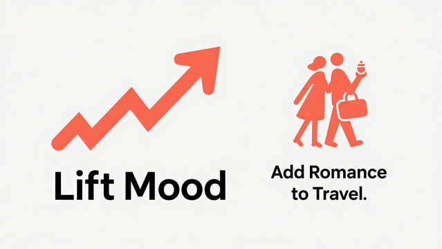 The rising arrow and travel couple icon represent emotions and romantic blessings, used for daily emotional regulation and creating a romantic atmosphere for couples during their travels.