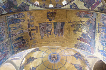 Biblical golden mosaics on the ceiling of Saint Mark's Basilica, with scenes of the Passion of...