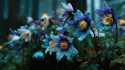Close-up of vibrant blue and purple flowers, wet with dew, dark moody background