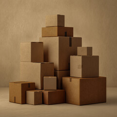A stack of cardboard boxes on a beige background, representing online shopping and packaging. The boxes are stacked in various sizes to create an aesthetically pleasing composition