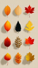 Fototapeta premium Beautiful autumn leaves arranged in various colors and shapes on a light background