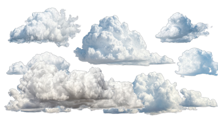A collection of various cumulus and cumulonimbus clouds, outlined in black