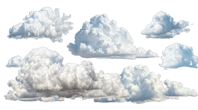 A collection of various cumulus and cumulonimbus clouds, outlined in black