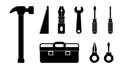 Obraz premium Collection of black silhouettes of various tools and a toolbox