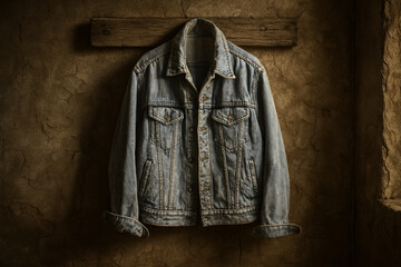 Fototapeta premium Classic vintage denim jacket on a textured earthen wall, evoking a sense of timeless ruggedness.