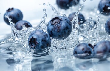 Fresh blueberries splash into clear water creating dynamic ripples, droplets. Macro shot captures juicy, ripe berries in motion, natural appeal for healthy food, drink concepts.