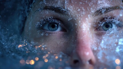 Focused medium shot on a face halfsubmerged in frosty water with glowing anxiety relief icons gently rising amid unfocused coldtherapy visual effects in the backdrop.